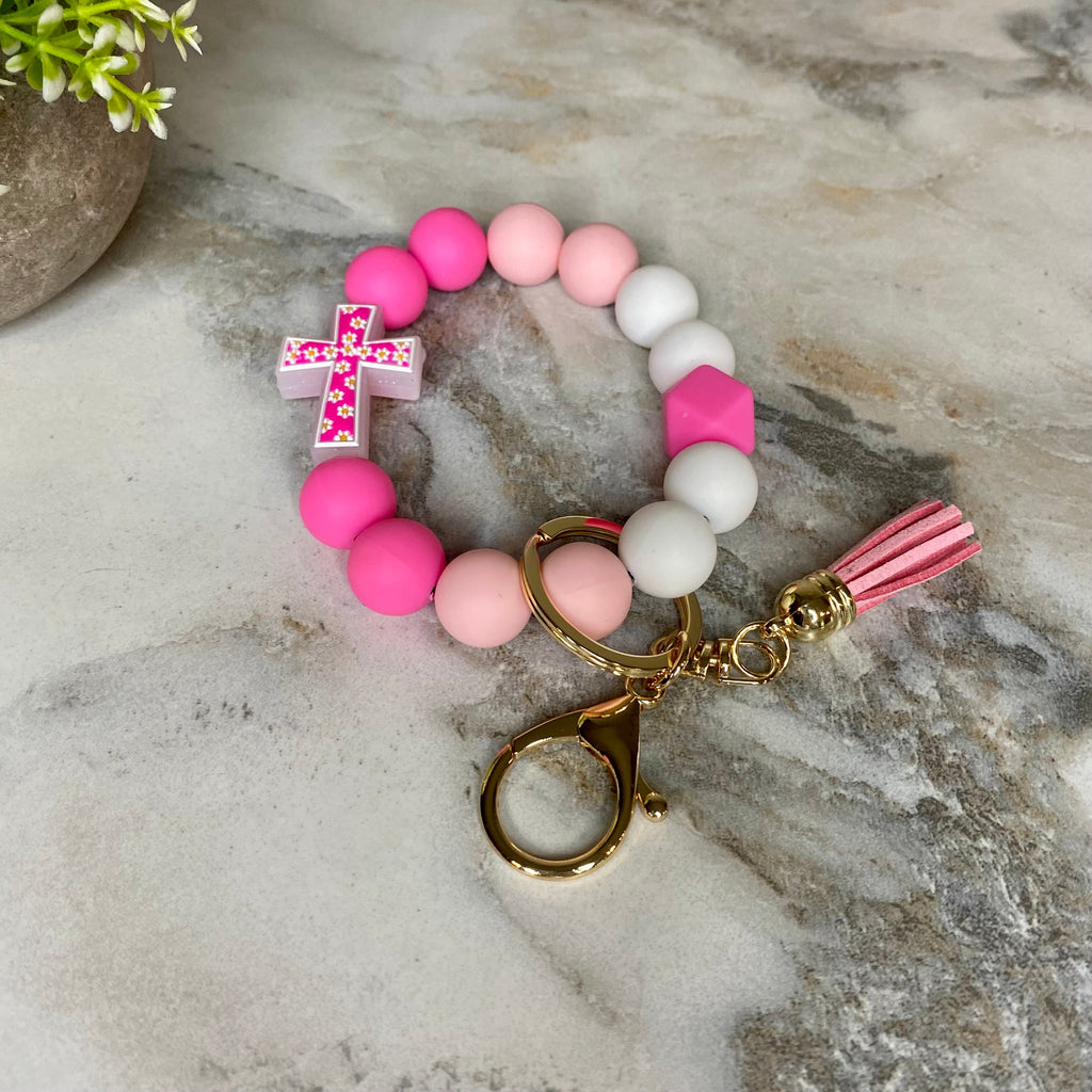 Silicone Bracelet Keychain - Cross - Hot Pink