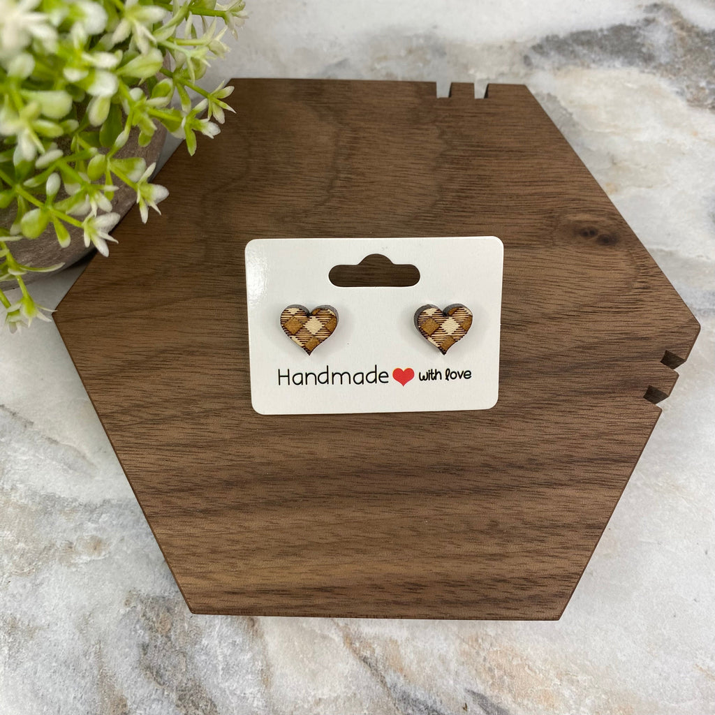 Wooden Stud Earrings - Checkered Heart