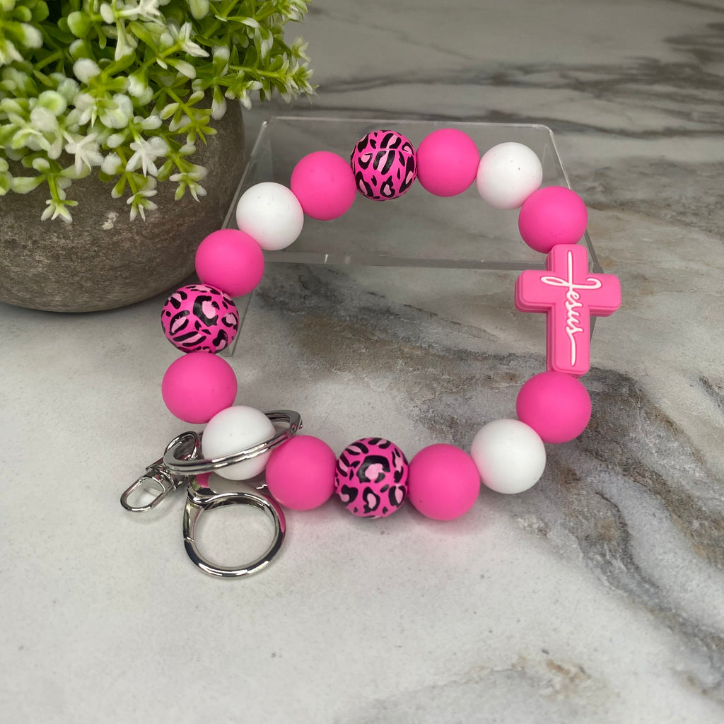 Silicone & Wood Bracelet Keychain - Religious, Jesus, Hot Pink