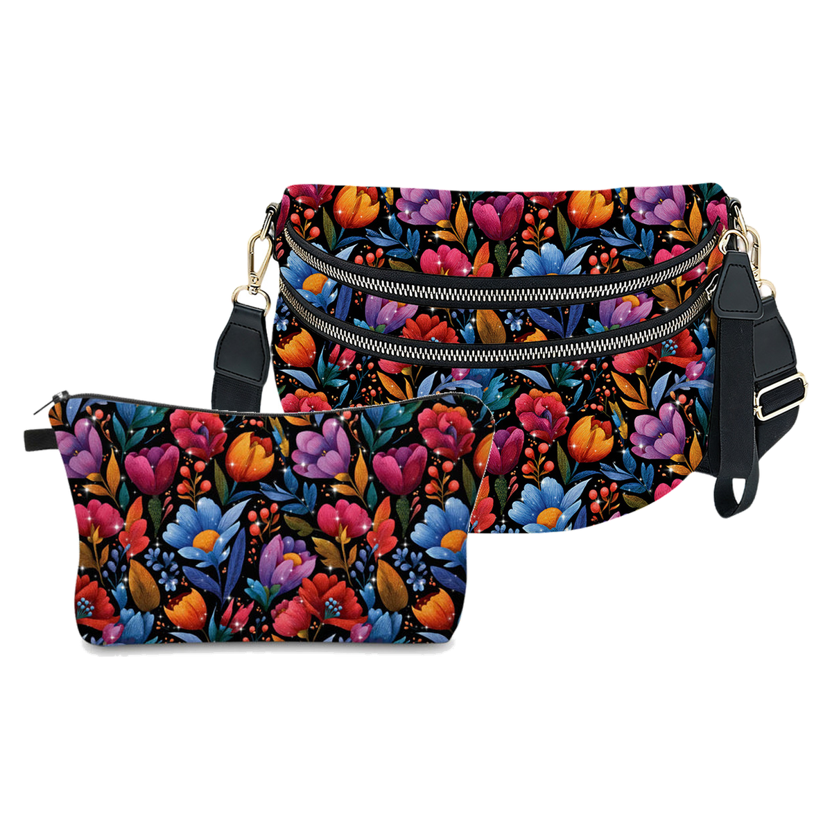 Bundled Set - Roni & Pouch - Floral Bright Red Blue on Black