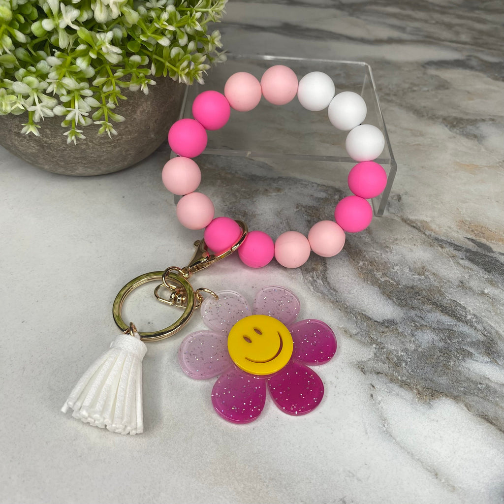 Silicone & Acrylic Bracelet Keychain - Daisy - Hot Pink