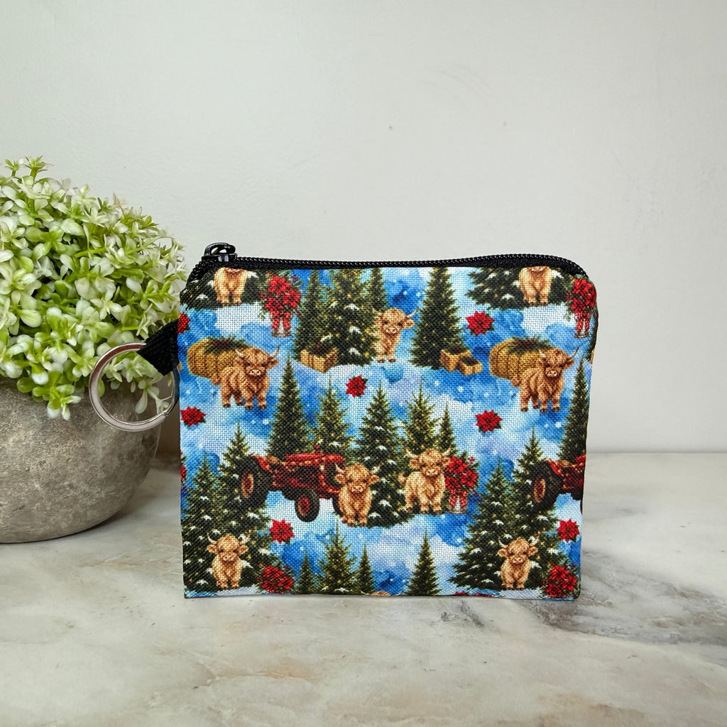 Mini Pouch - Christmas Winter - Highland Cow Blue Trees