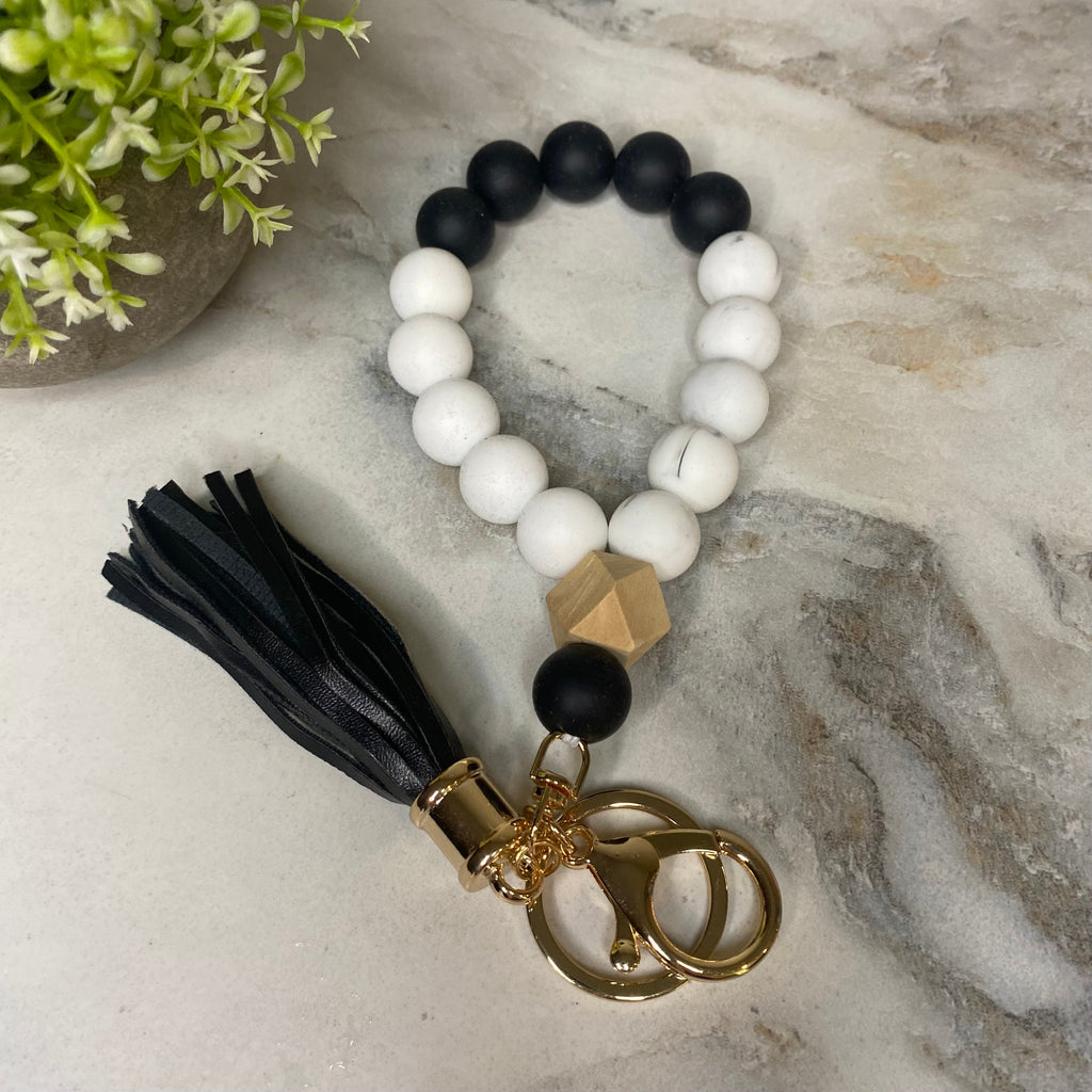 Silicone Bracelet Keychain with Wood Bead & Tassel - Black