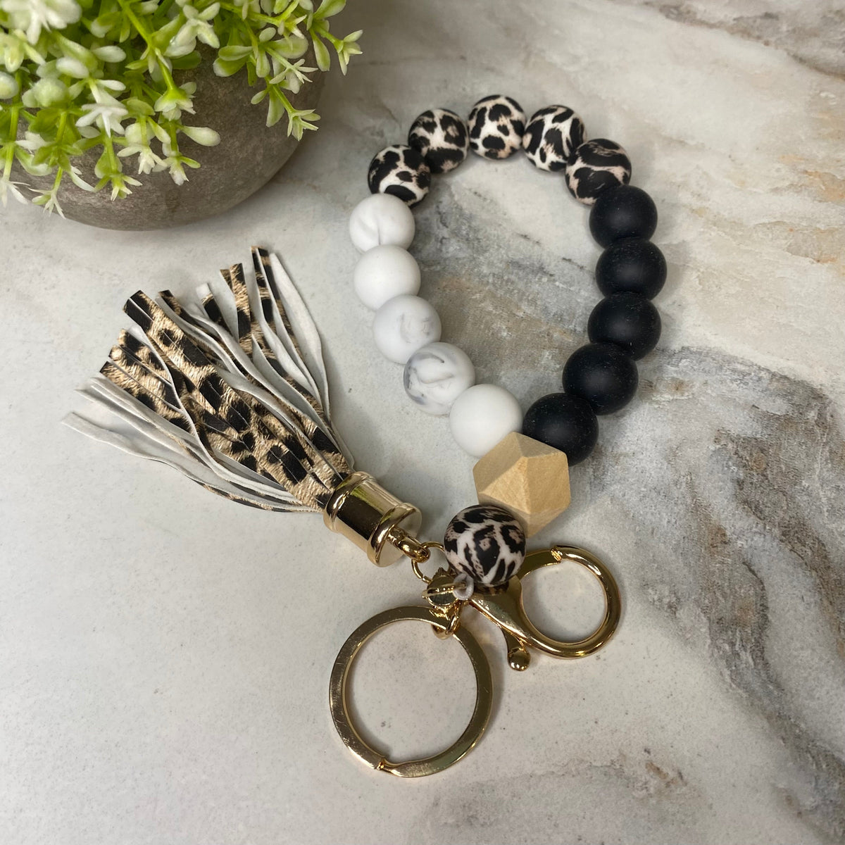 Silicone Bracelet Keychain with Wood Bead & Tassel - Animal Print