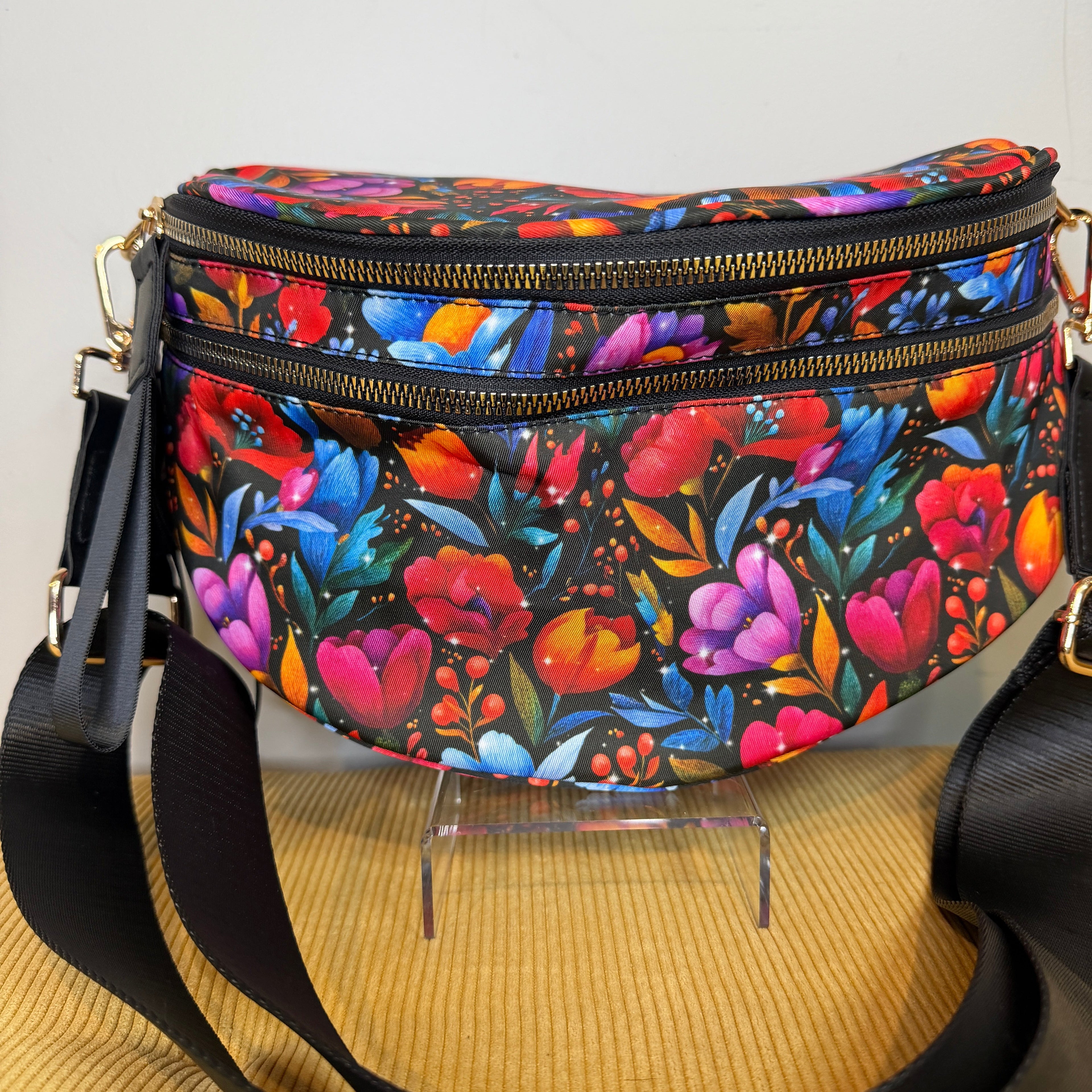 The Roni Nylon Crossbody - Floral Bright Red Blue on Black