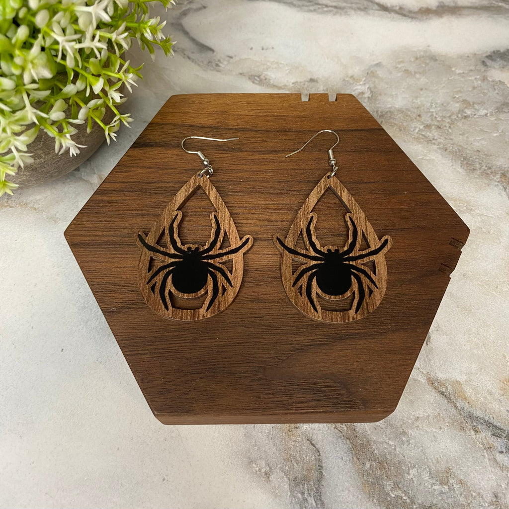 Wooden Dangle Earrings - Halloween - Cutout Spiders