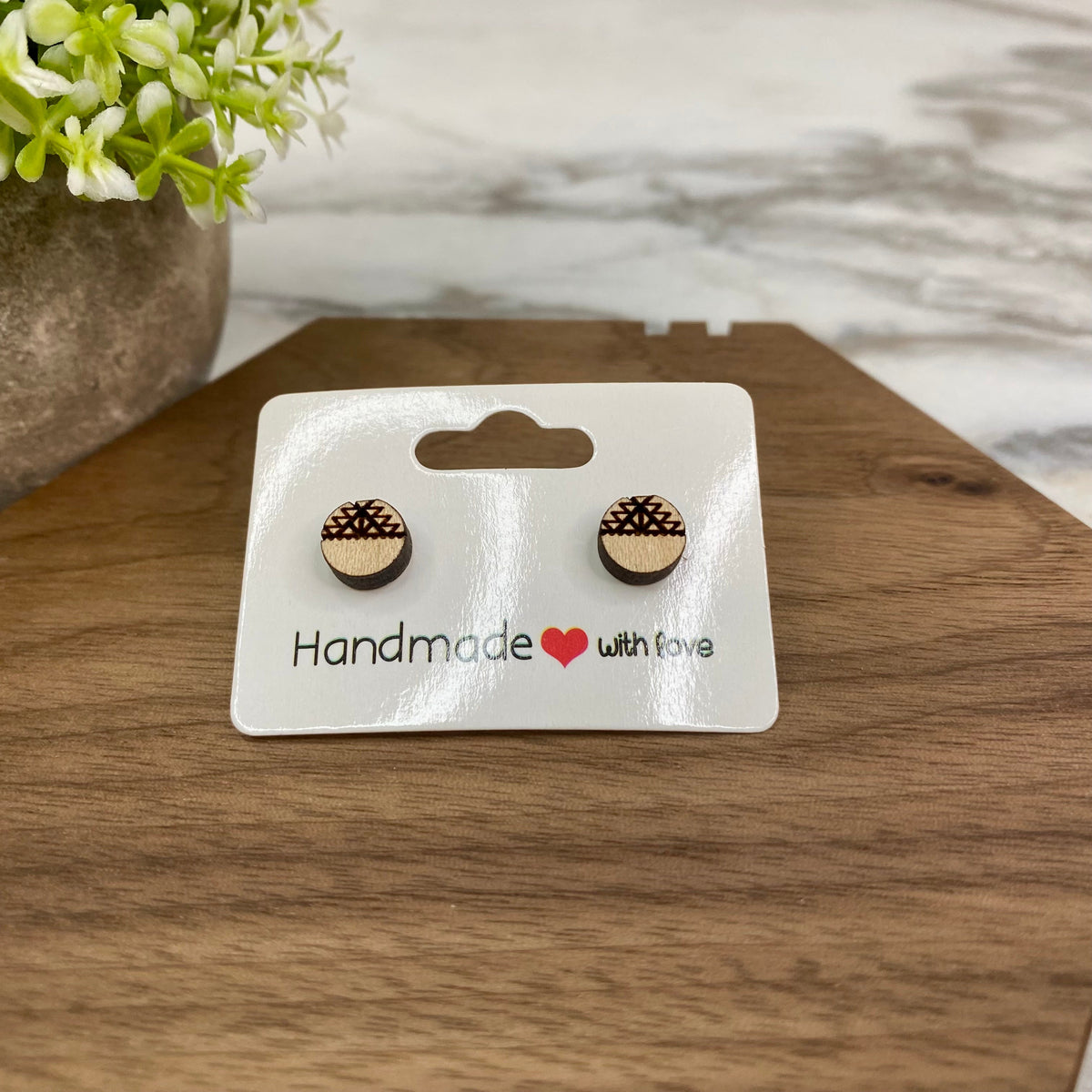 Wooden Stud Earrings - Half Aztec