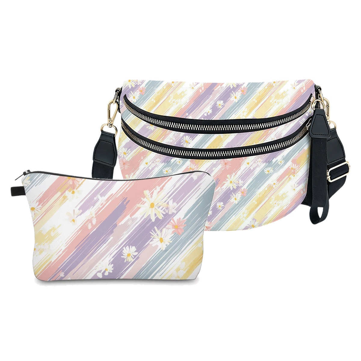 Bundled Set - Roni & Pouch - Pastel Stripe Daisy Floral