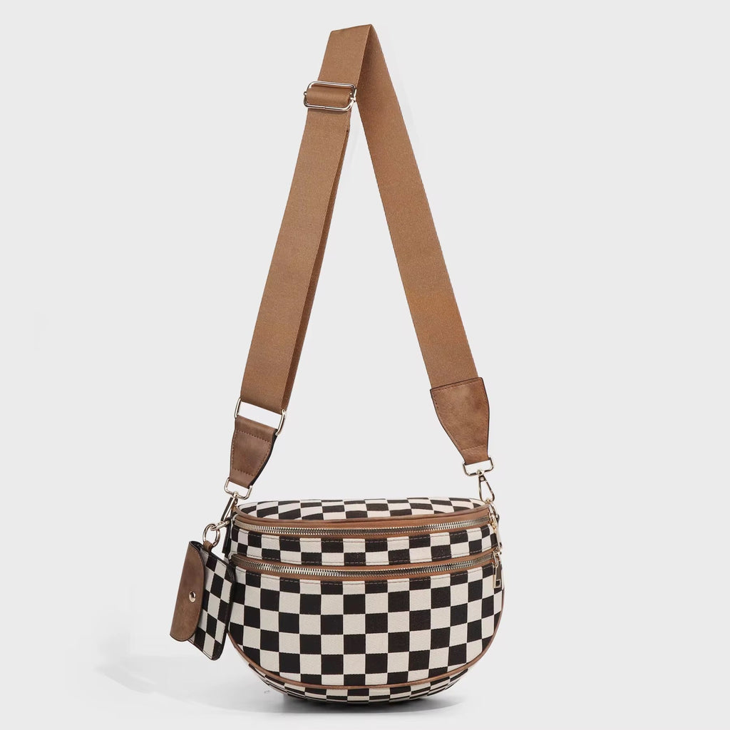 The Roni Crossbody - Canvas Tan Black Camel Check